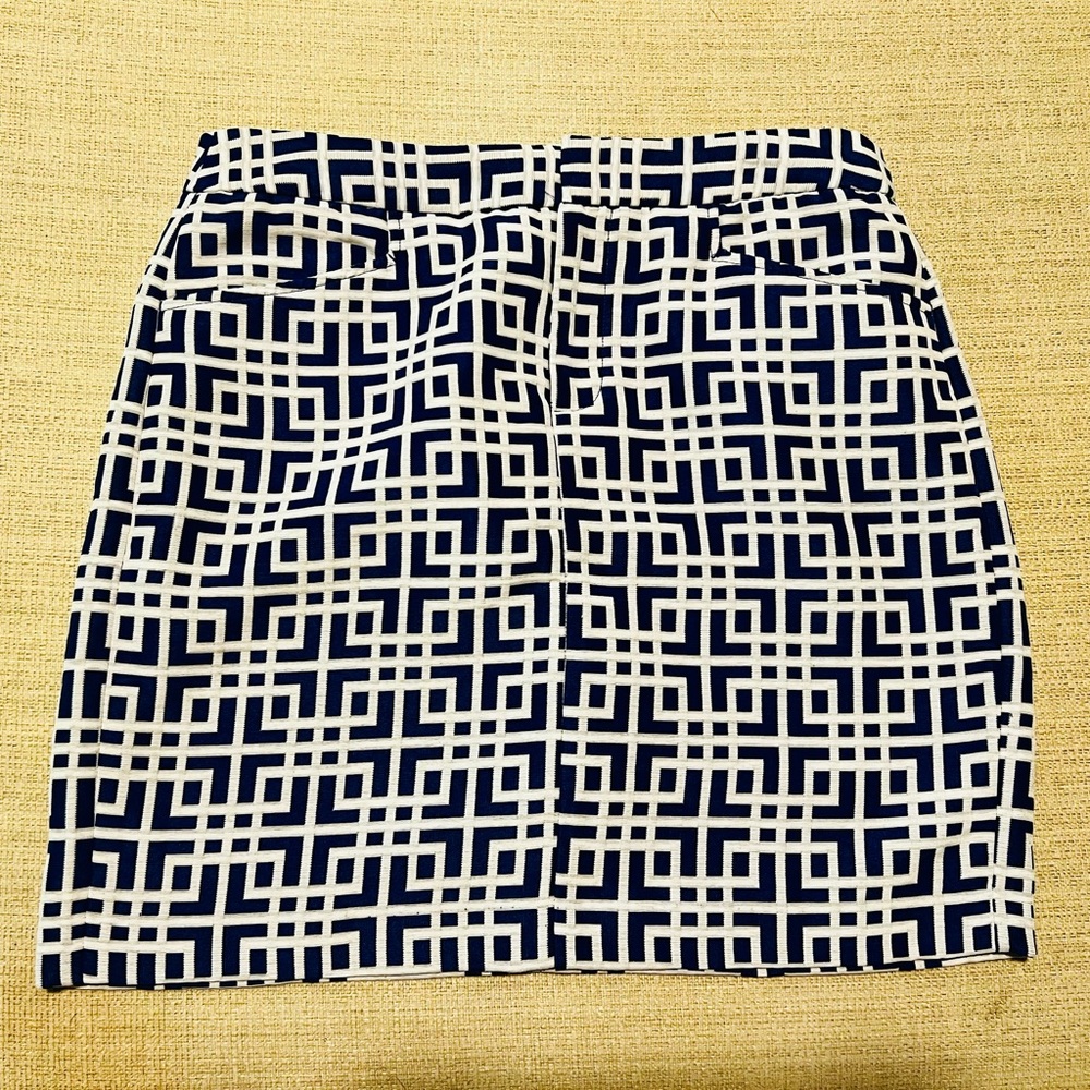 ANN TAYLOR LOFT Skirt Size 4 Blue White Greek Key Pattern Straight Short